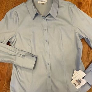 Calvin Klein no iron blue pinpoint blouse New!